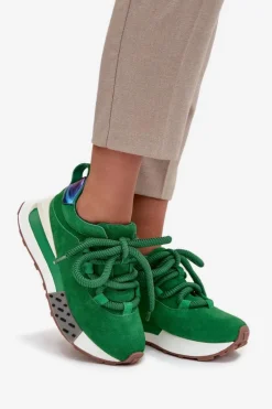 Zamszowe Sneakersy Damskie Na Platformie Z Grubym Sznurowaniem Artiker 55C0136 Zielone