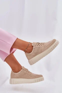 Zamszowe Sneakersy Damskie Na Platformie Beżowe Rilwena