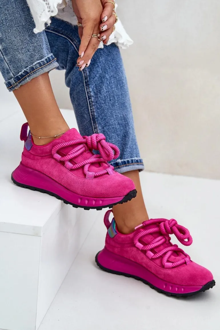 Zamszowe Sneakersy Damskie Z Grubym Sznurowaniem Artiker 54C1461 Fuksja