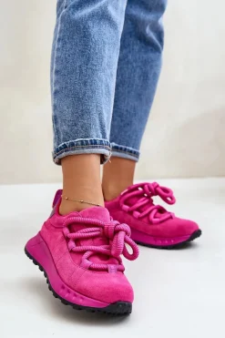Zamszowe Sneakersy Damskie Z Grubym Sznurowaniem Artiker 54C1461 Fuksja