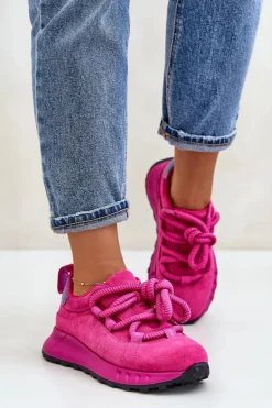 Zamszowe Sneakersy Damskie Z Grubym Sznurowaniem Artiker 54C1461 Fuksja