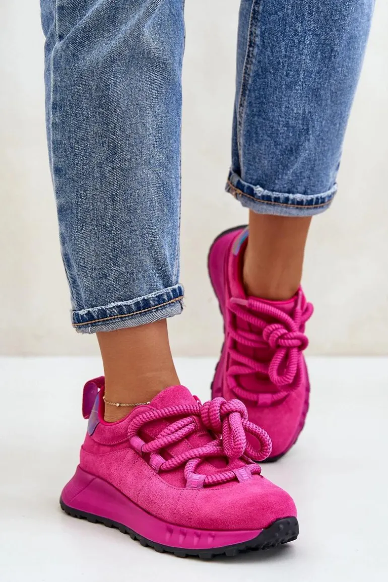 Zamszowe Sneakersy Damskie Z Grubym Sznurowaniem Artiker 54C1461 Fuksja
