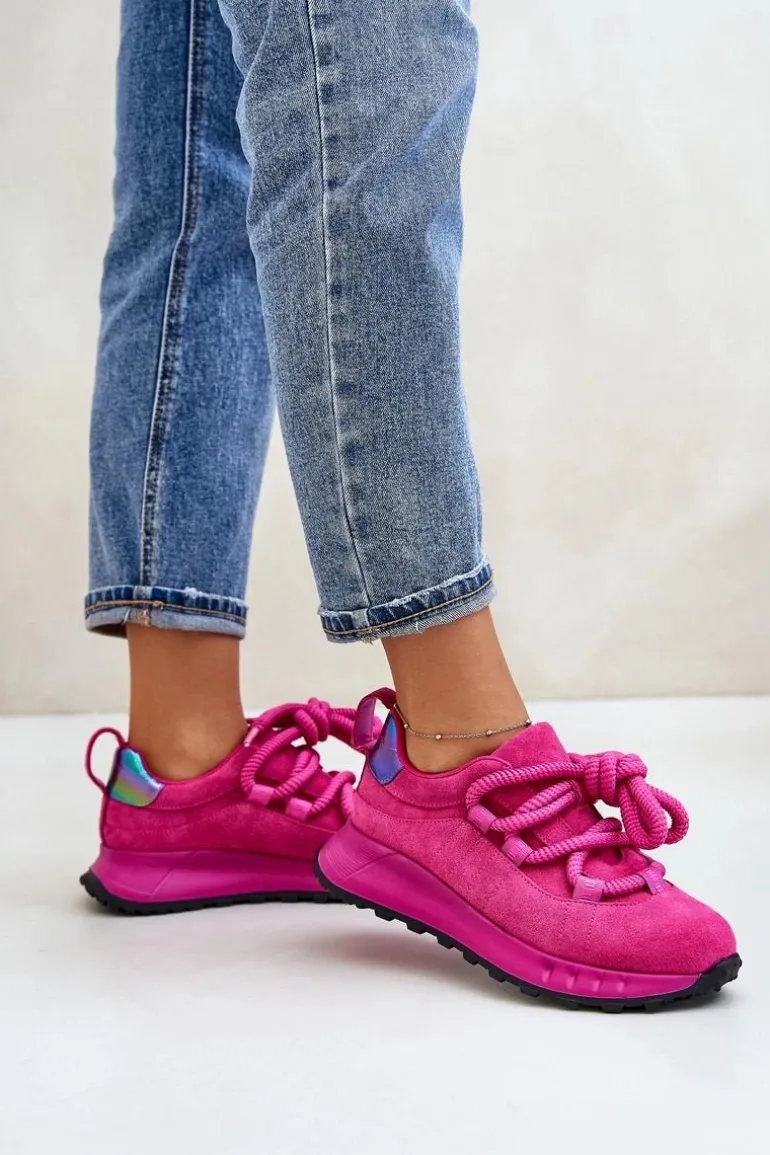 Zamszowe Sneakersy Damskie Z Grubym Sznurowaniem Artiker 54C1461 Fuksja