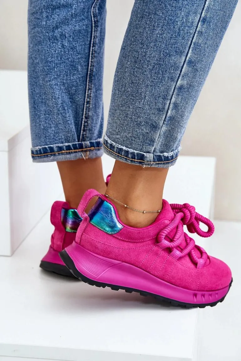 Zamszowe Sneakersy Damskie Z Grubym Sznurowaniem Artiker 54C1461 Fuksja