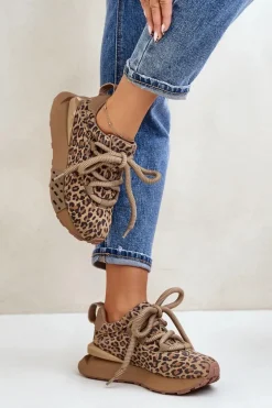 Zamszowe Sneakersy Damskie Na Platformie Z Grubym Sznurowaniem Panterka Artiker 55C0135 Brązowe