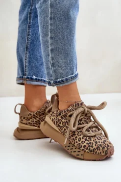 Zamszowe Sneakersy Damskie Na Platformie Z Grubym Sznurowaniem Panterka Artiker 55C0135 Brązowe