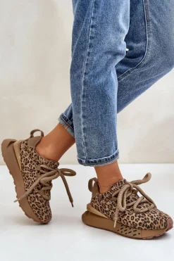 Zamszowe Sneakersy Damskie Na Platformie Z Grubym Sznurowaniem Panterka Artiker 55C0135 Brązowe