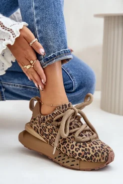 Zamszowe Sneakersy Damskie Na Platformie Z Grubym Sznurowaniem Panterka Artiker 55C0135 Brązowe