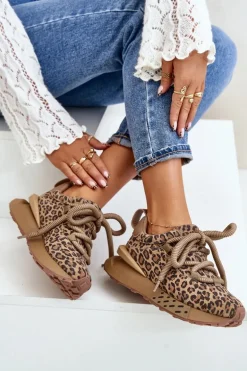 Zamszowe Sneakersy Damskie Na Platformie Z Grubym Sznurowaniem Panterka Artiker 55C0135 Brązowe