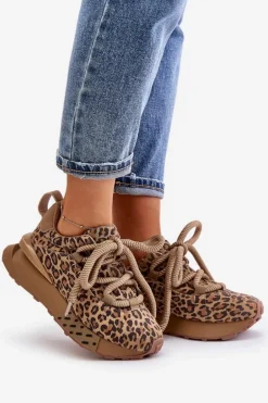 Zamszowe Sneakersy Damskie Na Platformie Z Grubym Sznurowaniem Panterka Artiker 55C0135 Brązowe