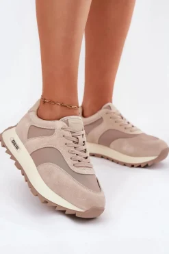 Zamszowe Sneakersy Na Platformie Damskie Big Star RR274897 HI-POLY SYSTEM Beżowe