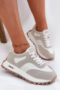 Zamszowe Sneakersy Na Platformie Damskie Big Star RR274896 HI-POLY SYSTEM Biało-Szare
