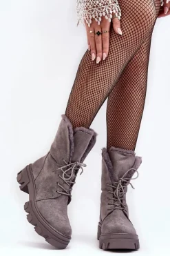 Zamszowe Sznurowane Botki Workery Z Futerkiem Szare Frendo