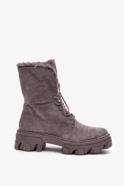 Zamszowe Sznurowane Botki Workery Z Futerkiem Szare Frendo