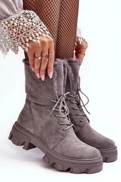 Zamszowe Sznurowane Botki Workery Z Futerkiem Szare Frendo