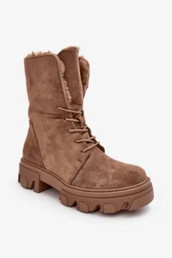 Zamszowe Sznurowane Botki Workery Z Futerkiem Ciemnobeżowe Frendo