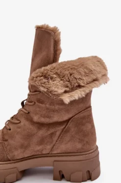 Zamszowe Sznurowane Botki Workery Z Futerkiem Ciemnobeżowe Frendo