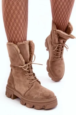 Zamszowe Sznurowane Botki Workery Z Futerkiem Ciemnobeżowe Frendo