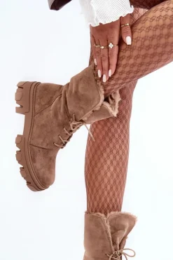 Zamszowe Sznurowane Botki Workery Z Futerkiem Ciemnobeżowe Frendo