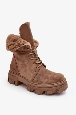 Zamszowe Sznurowane Botki Workery Z Futerkiem Ciemnobeżowe Frendo