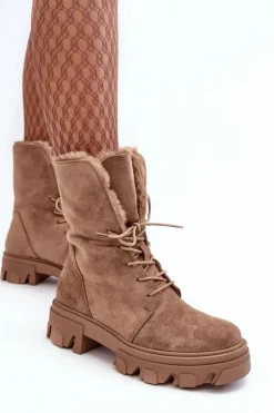 Zamszowe Sznurowane Botki Workery Z Futerkiem Ciemnobeżowe Frendo