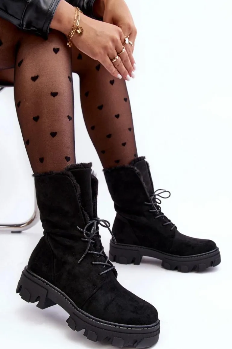Zamszowe Sznurowane Botki Workery Z Futerkiem Czarne Frendo