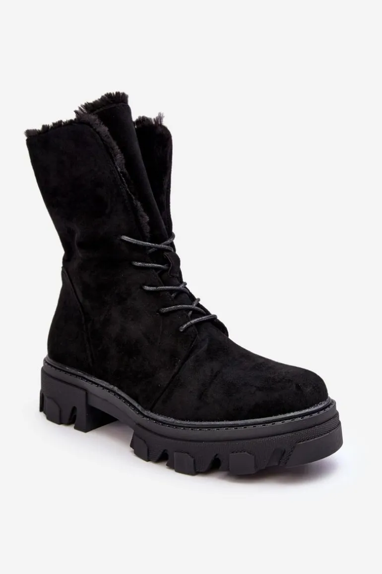 Zamszowe Sznurowane Botki Workery Z Futerkiem Czarne Frendo