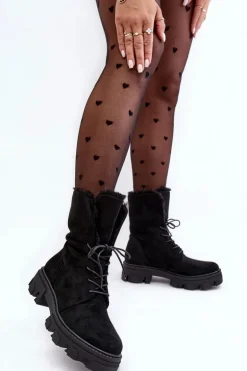 Zamszowe Sznurowane Botki Workery Z Futerkiem Czarne Frendo