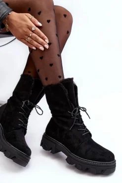 Zamszowe Sznurowane Botki Workery Z Futerkiem Czarne Frendo