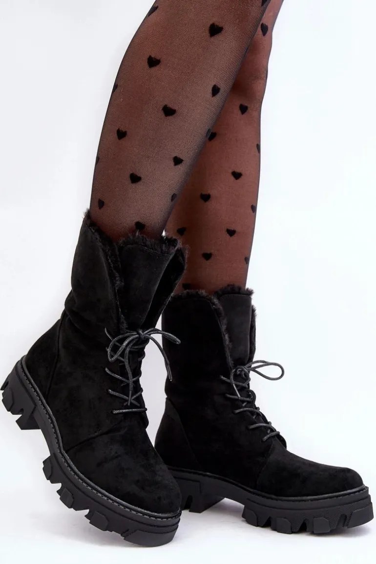 Zamszowe Sznurowane Botki Workery Z Futerkiem Czarne Frendo