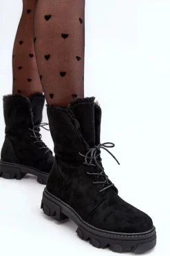 Zamszowe Sznurowane Botki Workery Z Futerkiem Czarne Frendo