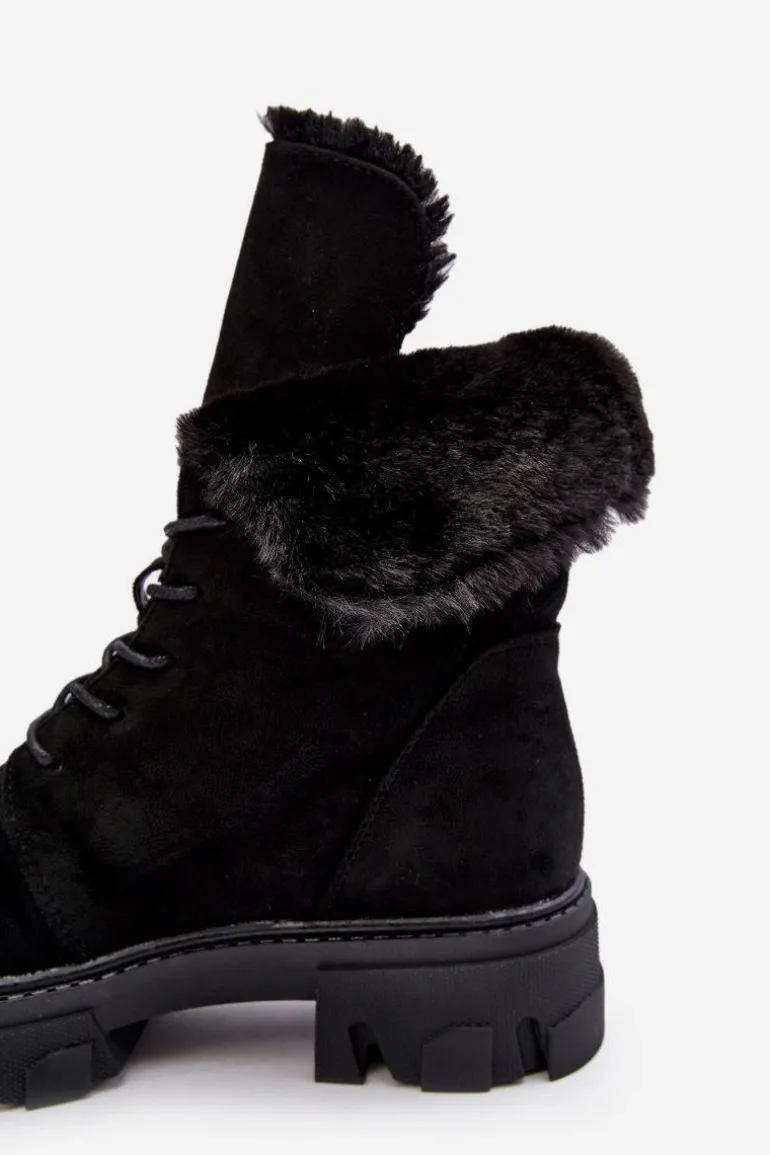 Zamszowe Sznurowane Botki Workery Z Futerkiem Czarne Frendo