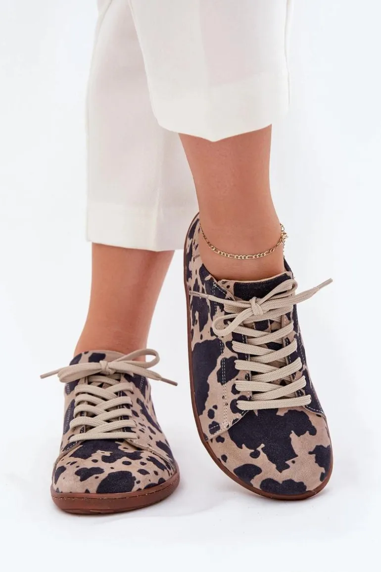 Zamszowe Trampki Barefoot Damskie W Łaty Zazoo N1120 Brązowo-Beżowe