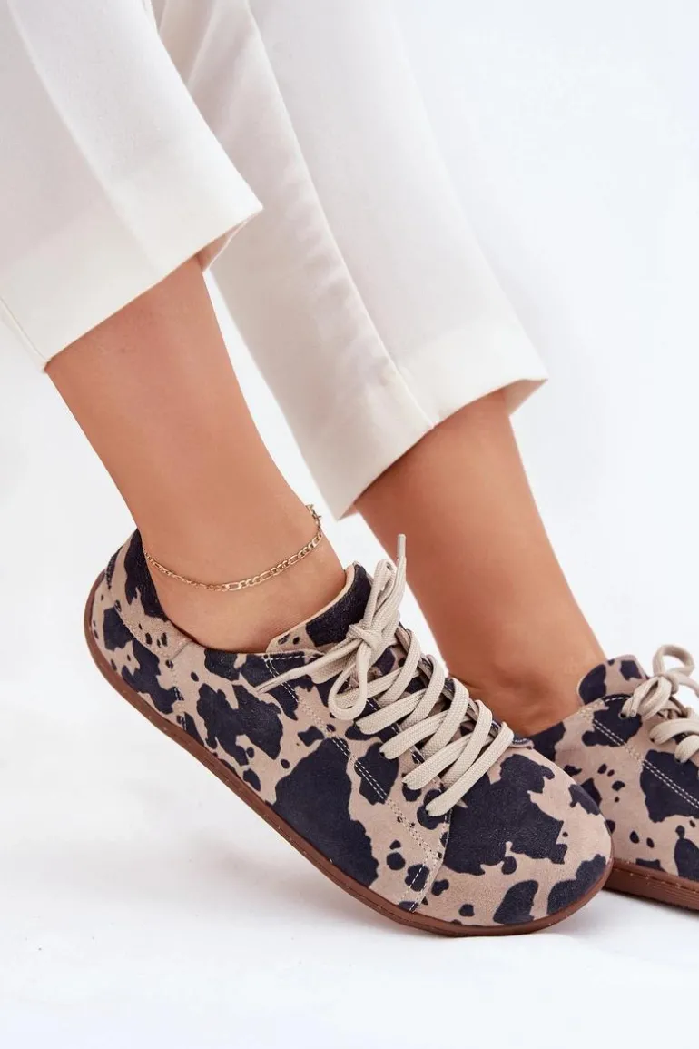 Zamszowe Trampki Barefoot Damskie W Łaty Zazoo N1120 Brązowo-Beżowe