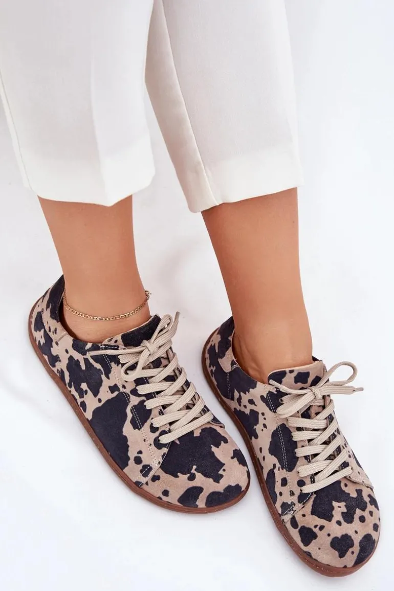 Zamszowe Trampki Barefoot Damskie W Łaty Zazoo N1120 Brązowo-Beżowe