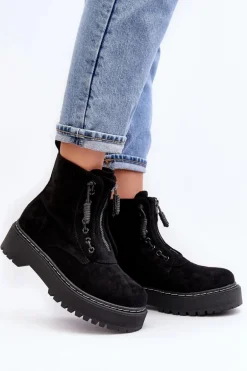 Zamszowe Trapery Botki Damskie Na Grubej Podeszwie Z Suwakiem Czarne Edivame