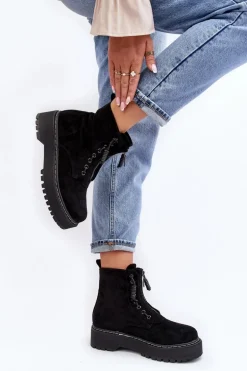 Zamszowe Trapery Botki Damskie Na Grubej Podeszwie Z Suwakiem Czarne Edivame