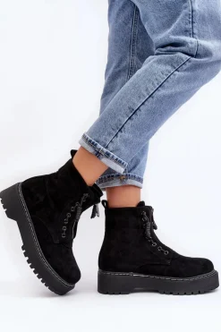 Zamszowe Trapery Botki Damskie Na Grubej Podeszwie Z Suwakiem Czarne Edivame