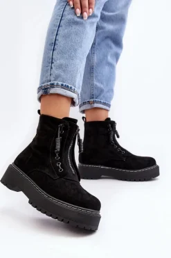 Zamszowe Trapery Botki Damskie Na Grubej Podeszwie Z Suwakiem Czarne Edivame