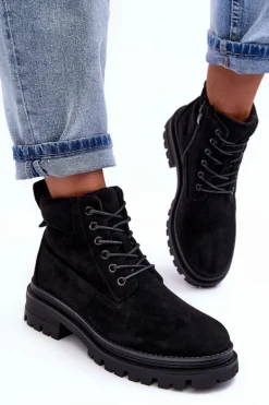 Zamszowe Trapery Botki Ocieplane Czarne Alden