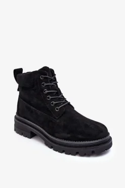 Zamszowe Trapery Botki Ocieplane Czarne Alden