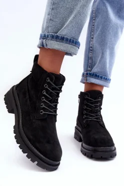 Zamszowe Trapery Botki Ocieplane Czarne Alden