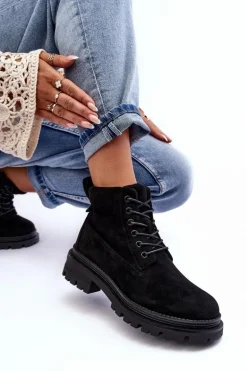 Zamszowe Trapery Botki Ocieplane Czarne Alden