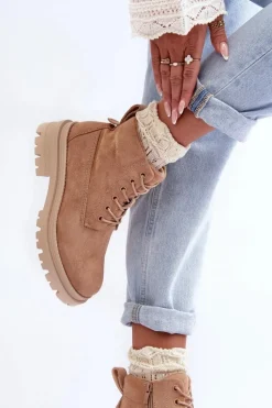 Zamszowe Trapery Botki Ocieplane Ciemnobeżowe Alden