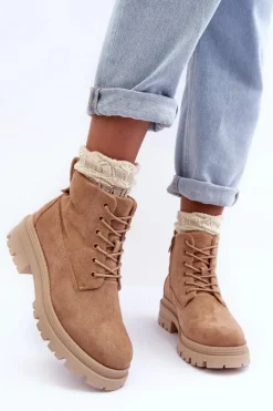 Zamszowe Trapery Botki Ocieplane Ciemnobeżowe Alden