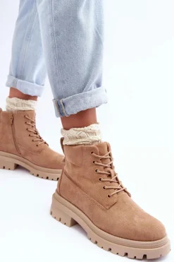 Zamszowe Trapery Botki Ocieplane Ciemnobeżowe Alden