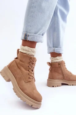 Zamszowe Trapery Botki Ocieplane Ciemnobeżowe Alden