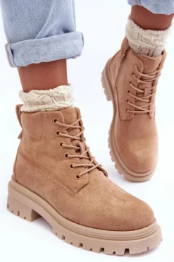 Zamszowe Trapery Botki Ocieplane Ciemnobeżowe Alden