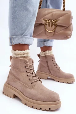 Zamszowe Trapery Botki Ocieplane Beżowe Alden