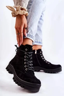 Zamszowe Wiosenne Botki Trapery Z Przeszyciami Czarne Layden